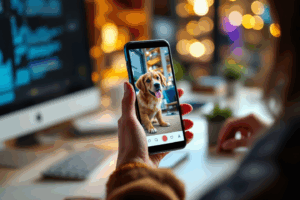 A small business owner at a desk posting a pet photo on Instagram