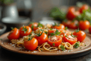 A close-up of a fresh dish in the kitchen with tomatoes prominently featured
