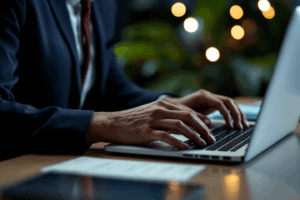A business professional at a desk, composing an email on their laptop