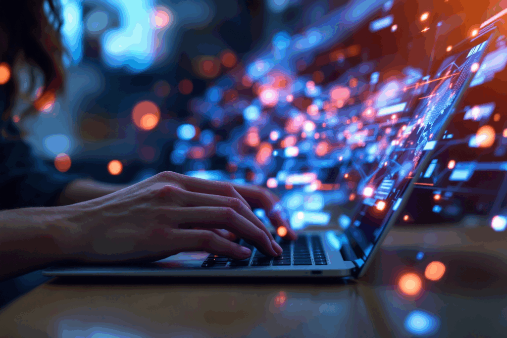 A person using a laptop. The background shows a digital world map, symbolizing reaching the whole world online.