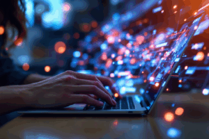 A person using a laptop. The background shows a digital world map, symbolizing reaching the whole world online.