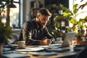 A marketer sitting at a desk, analyzing multiple Facebook ad campaign reports on laptop and tablet