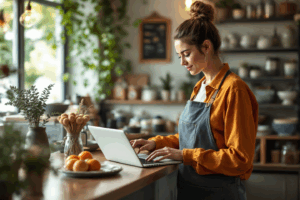A small business owner stands at the counter of a cozy local shop while checking their business profile on a laptop. 