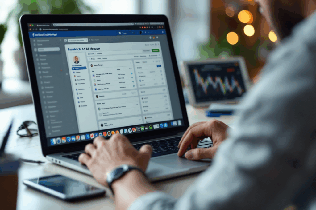 A digital marketer sitting at a desk, reviewing Facebook Ads Manager on a laptop, which displays targeting options like demographics, interests, and behaviors.