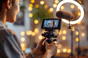 A content creator filming a vibrant Instagram Reel indoors using a ring light and an external microphone