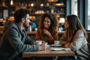 a group of friends having a casual conversation in a coffee shop, discussing their mental health experiences