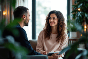 a therapist and a client in a counseling session, with mindfulness practices integrated into the therapy