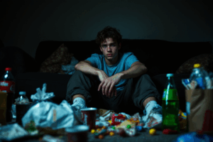 A teenager sits slouched on a couch in a dimly lit room surrounded by fast food wrappers, soda bottles, and candy. 