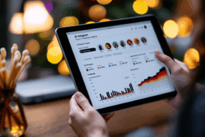A brand analyst reviewing Instagram Shopping insights on a tablet, showing sales trends, top-performing products, and customer engagement metrics.