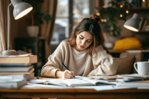 A student in a cozy study nook, carefully writing an essay, surrounded by textbooks and notes