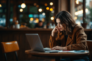 A thoughtful writer at a café, pausing to consider sentence meaning on a laptop screen