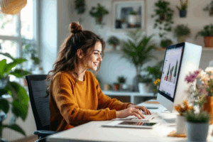 A small business owner in a cozy home office, managing their plant shop website. 