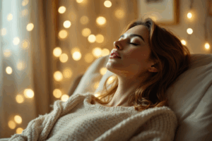 someone sitting comfortably, eyes closed, with a soft glow around them
