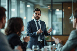 A business professional presenting to a team in a meeting room