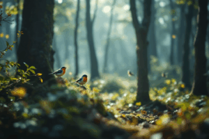A serene forest scene, with a visible decline in bird activity as trees are cut down and habitats are destroyed