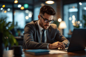 A business professional at a desk, reviewing an email on their laptop.