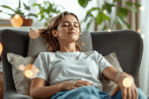  a person sitting comfortably in a chair or on a cushion with their hands resting on their knees, eyes closed, and a peaceful expression