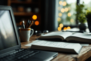 A writer’s desk with an open notebook