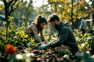 Visualize a scenario where a community garden project is being implemented.