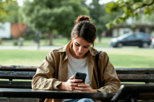 The person is outside in nature, perhaps sitting on a bench in a park, with their phone placed face down on the table or tucked away in a bag
