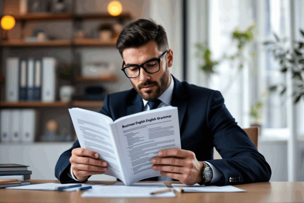 A business professional sitting at a desk, reviewing a detailed guide on business English grammar