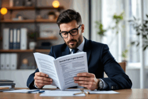 A business professional sitting at a desk, reviewing a detailed guide on business English grammar