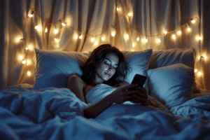 a person in their bedroom late at night, lying in bed with their phone in hand, scrolling through social media