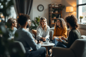 A group therapy session with individuals sitting in a circle, actively listening and sharing in a warm, inviting room, with comfortable seating and soft lighting to create a supportive and welcoming atmosphere