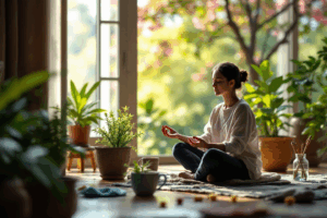 A vibrant and peaceful daily life scene where a person practices mindfulness