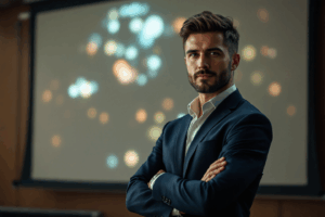 A business professional standing confidently in front of a projector screen