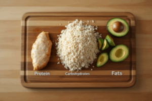 A wooden cutting board is divided into three sections, each labeled with a macronutrient