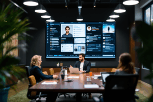 A marketing team in a conference room reviewing influencer profiles categorized by follower count