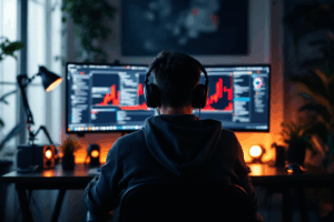 A web developer sitting in front of a dual monitor setup. 