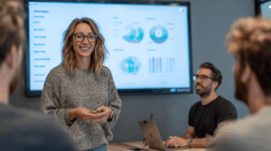 A team of digital marketers reviewing campaign goals and results on a digital dashboard