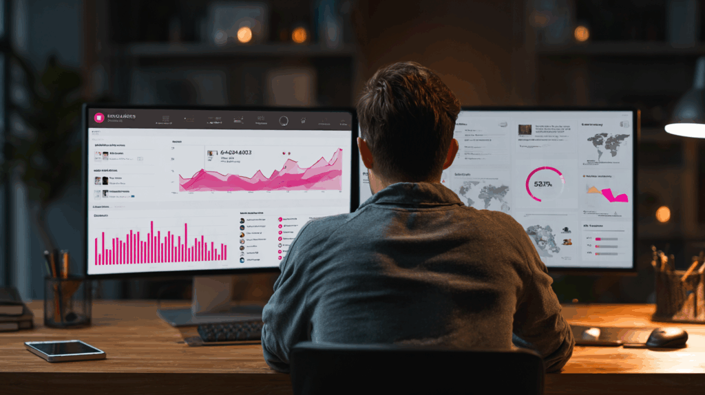A digital marketer examining an Instagram campaign dashboard on a dual-screen setup