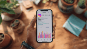 A marketer holding a smartphone with the Instagram app open on the Insights page