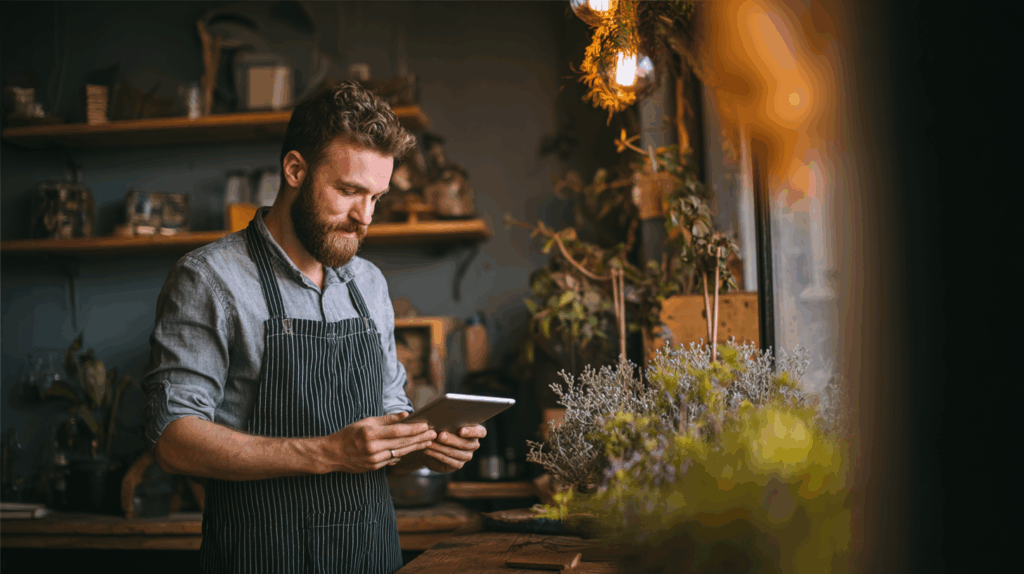 A small business owner using a tablet to check Instagram performance in a cozy coffee shop,
