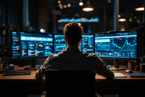 A digital marketer sitting at a desk analyzing influencer data on multiple screens