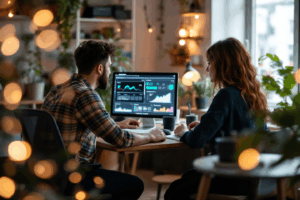 A marketing analyst reviewing AI-driven audience personalization dashboards while collaborating with a micro-influencer in a cozy creative studio.