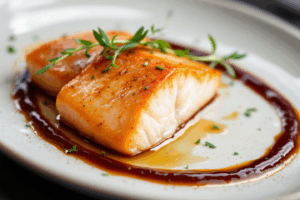 A gourmet dish featuring fish paired with a sauce elegantly drizzled on the plate. 