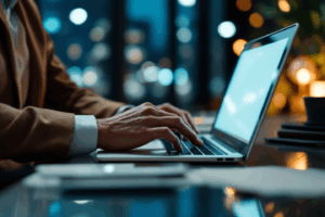 A business professional sitting at a desk, typing a polished email on a laptop