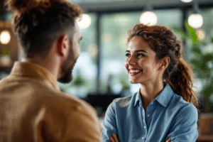 A manager or teacher giving positive feedback to an employee or student, smiling and nodding.