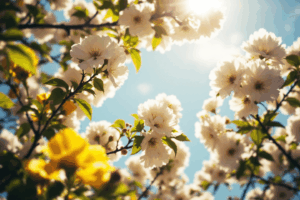 A bright, sunny day with clear skies and blooming flowers