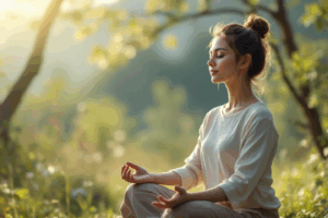 a person practicing mindfulness, sitting in a peaceful natural environment, with a calm and serene expression