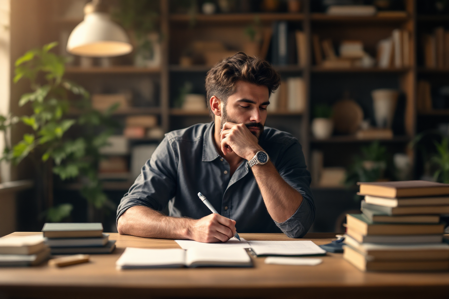 A thoughtful writer at a desk, surrounded by books on grammar