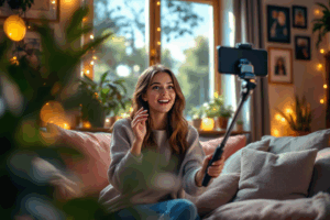 A micro-influencer filming a cozy, authentic Instagram Story from their home, engaging closely with a small, loyal audience
