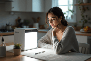 A woman in her 30s sits at her kitchen table early in the morning with a light therapy box placed in front of her