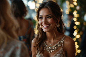 A person smiling and graciously receiving a compliment about their dress from a friend at a social gathering