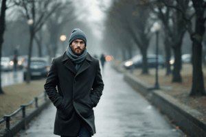 A man walks alone on a cold, overcast day in an urban park. He wears a heavy coat, scarf, and beanie, with his hands tucked in his pockets.