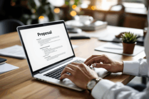 An office scene with a business professional reading through a proposal on a laptop